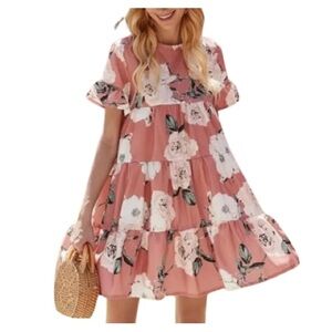 shein | Pink & White Floral Tier Summer Dress